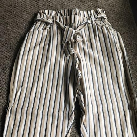 Tan and Black Striped Paper Bag Pants - Picture 2 of 2